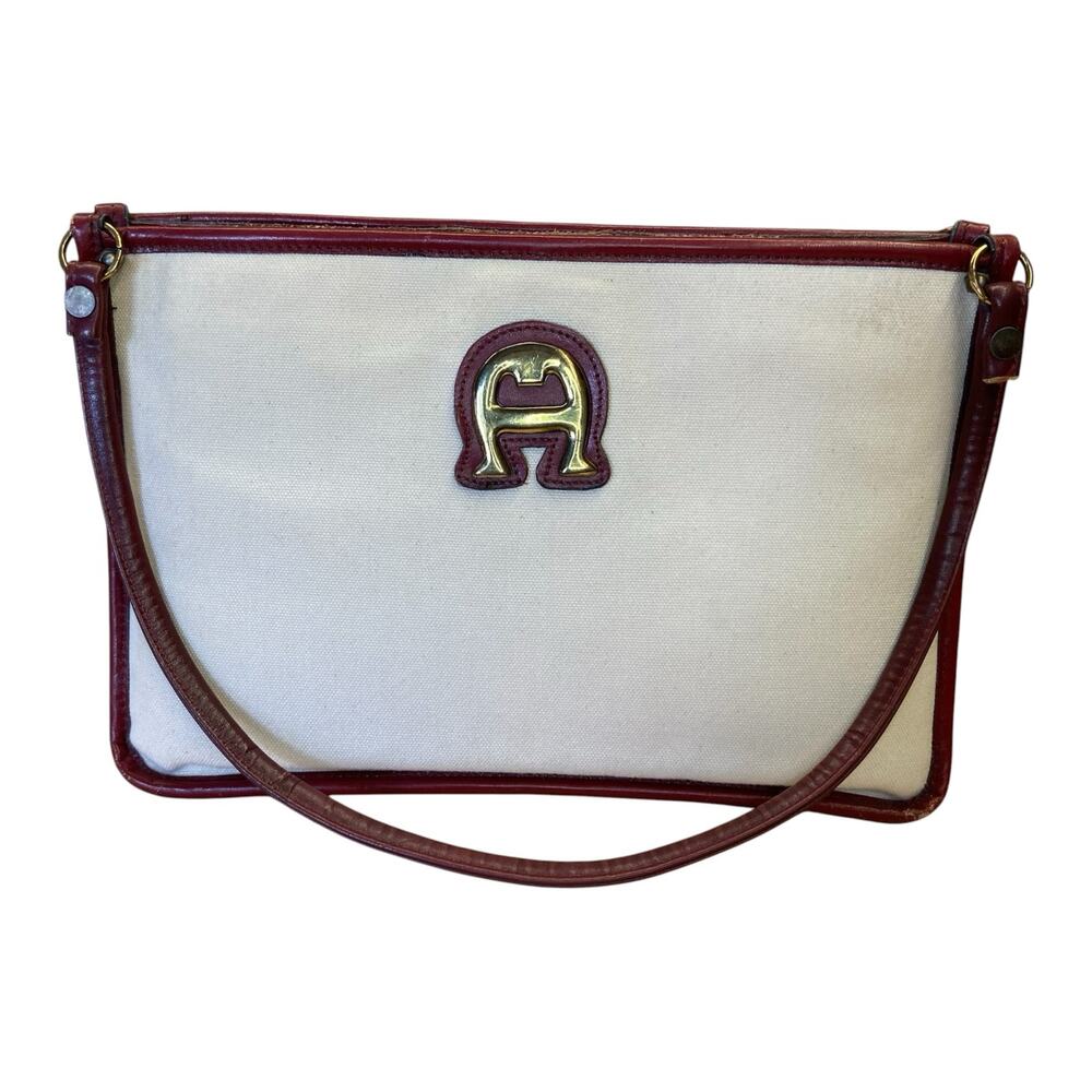 1980s Vintage Etienne Aigner Canvas Shoulder Bag Oxblood Leather Equestrian